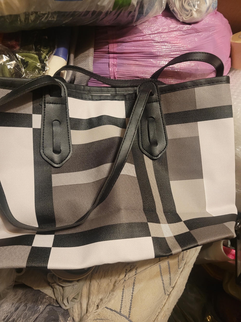 Plaid Canvas Tote Bag in Black and Gray